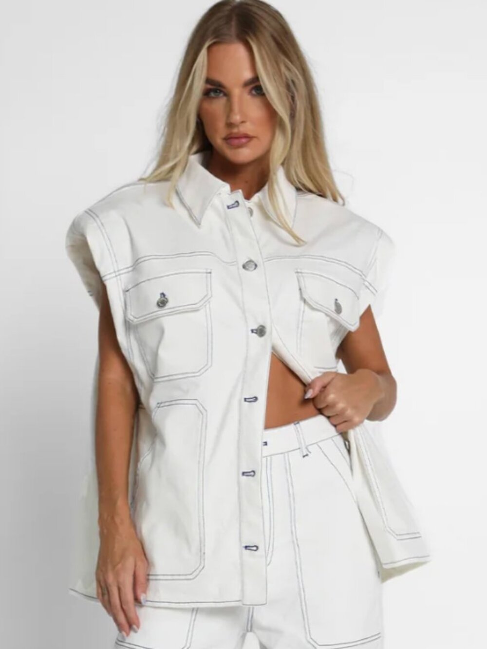 By. DYLN Contrast Stitch Sleeveless Denim Vest White Size XS
